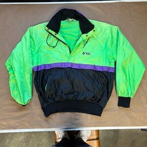Vail Colorado neon nylon pullover, lined w neon green fleece, wide shoulder fit
